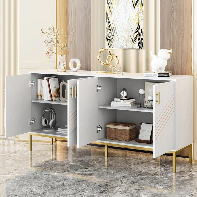 Buffet moderne blanc 4 portes texturés et accents dorés THRUKS