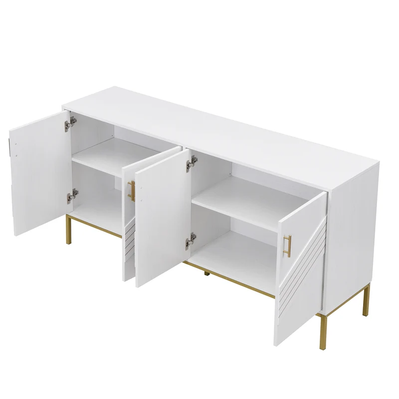 Buffet moderne blanc 4 portes texturés et accents dorés THRUKS