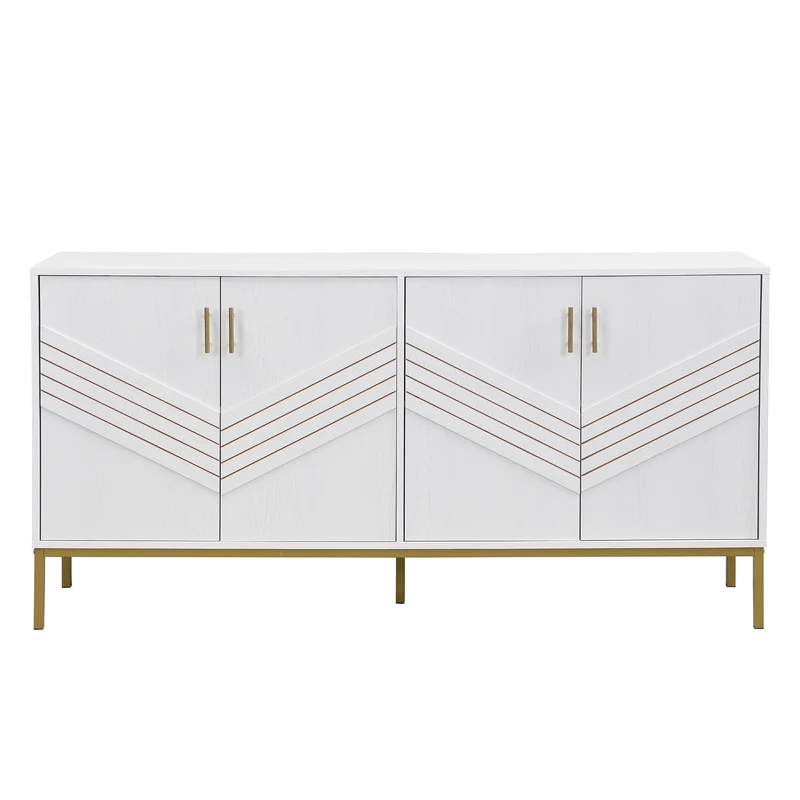 Buffet moderne blanc 4 portes texturés et accents dorés THRUKS