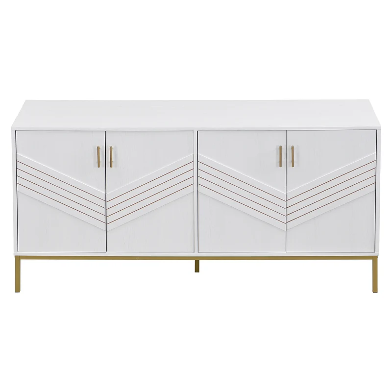 Buffet moderne blanc 4 portes texturés et accents dorés THRUKS