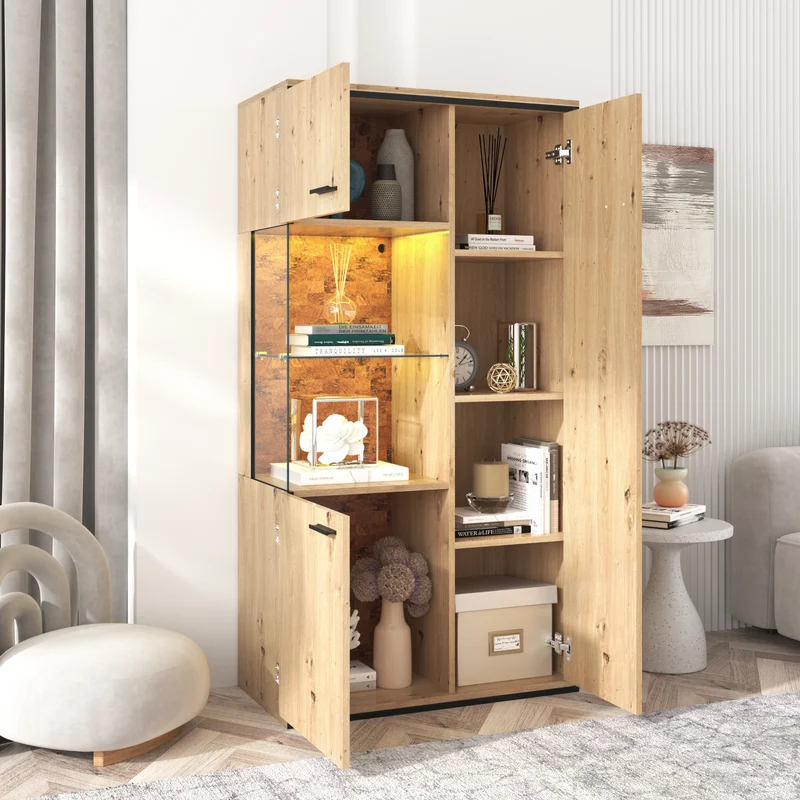 Buffet haut vitrine moderne avec éclairage LED 150Hx78Lx40Tcm TRICOKS