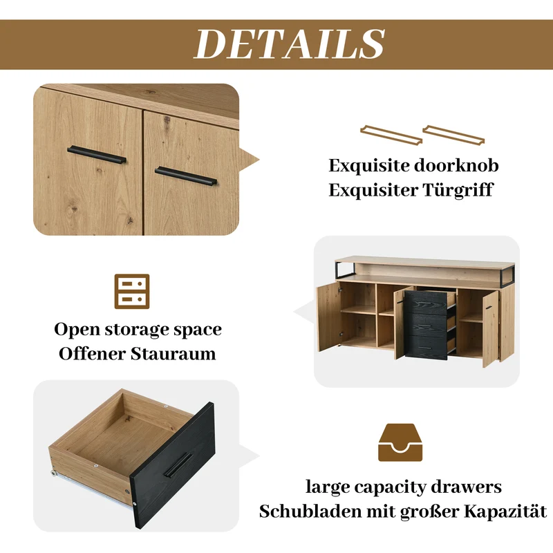 Buffet industriel effet bois avec 3 portes et 3 tiroirs rangement avec poignée métallique 150x35x75,9cm VAGNAD