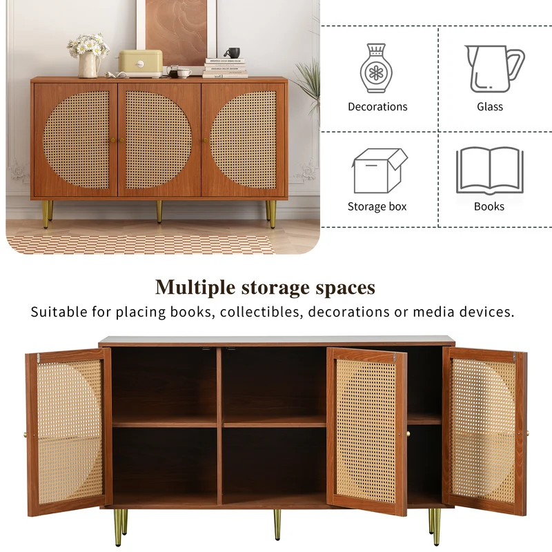 Buffet effet bois noyer avec 3 portes en rotin poignées pieds dorés 129,8x40x76cm OMOILL