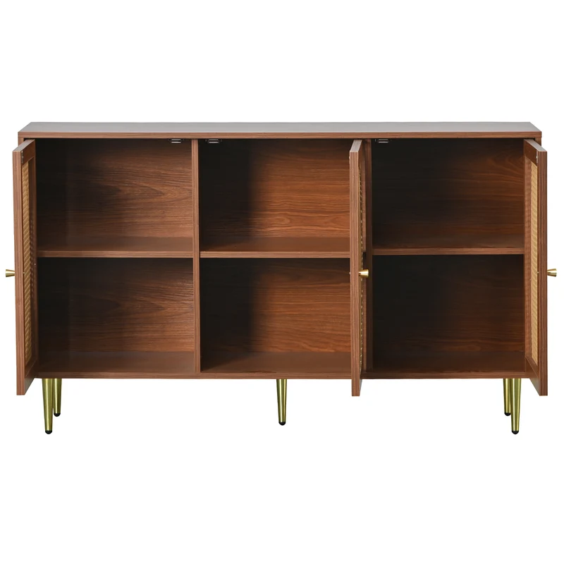 Buffet effet bois noyer avec 3 portes en rotin poignées pieds dorés 129,8x40x76cm OMOILL