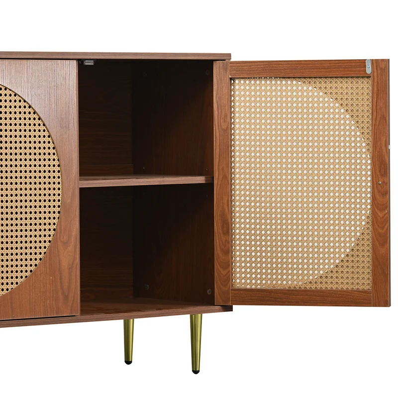 Buffet effet bois noyer avec 3 portes en rotin poignées pieds dorés 129,8x40x76cm OMOILL