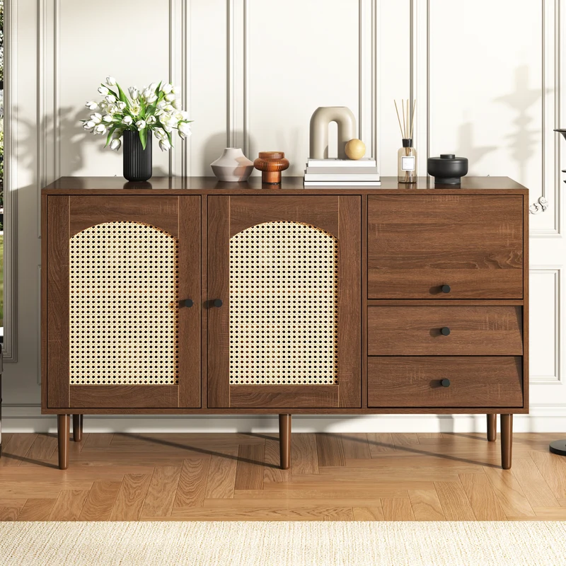 Buffet vintage effet bois avec portes en rotin 2 portes 2 tiroirs 130x75,5x40cm CROLZOI