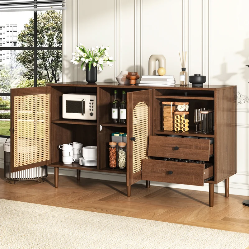 Buffet vintage effet bois avec portes en rotin 2 portes 2 tiroirs 130x75,5x40cm CROLZOI