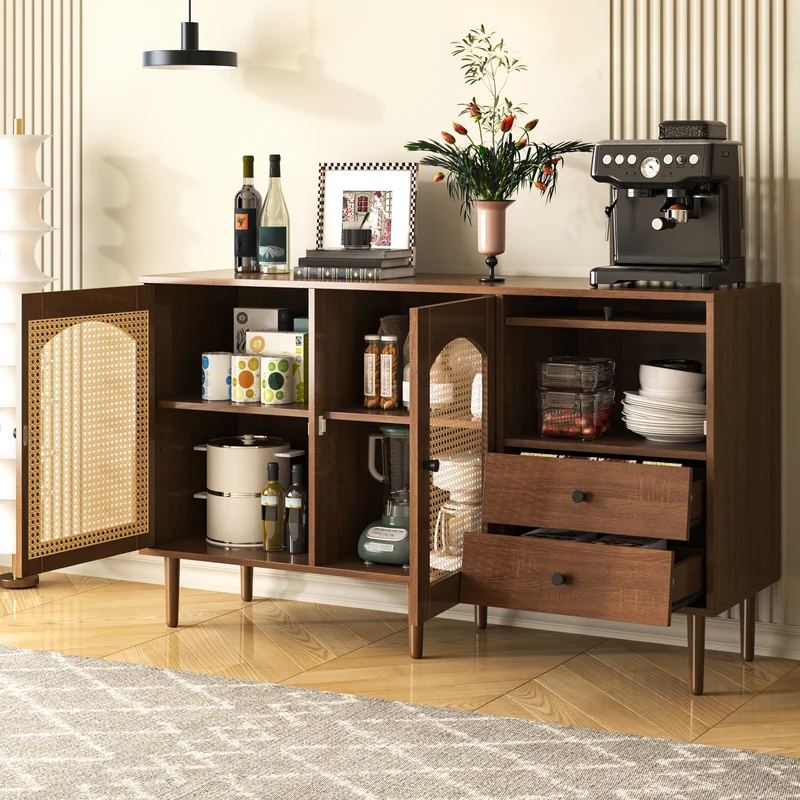 Buffet vintage effet bois avec portes en rotin 2 portes 2 tiroirs 130x75,5x40cm CROLZOI