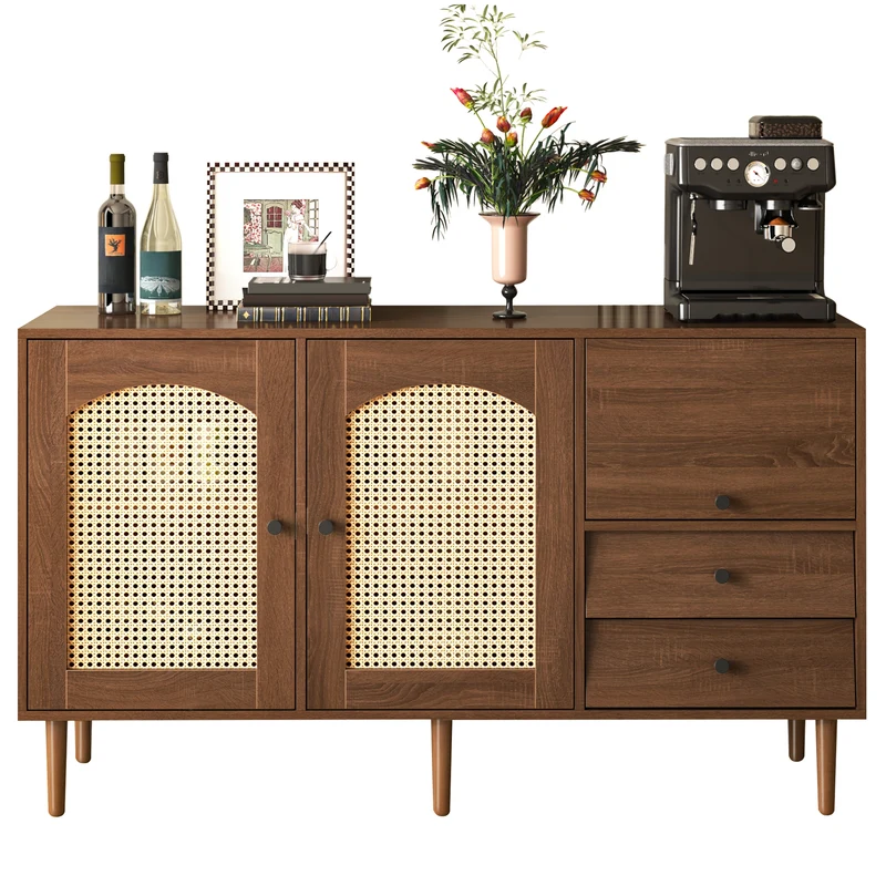 Buffet vintage effet bois avec portes en rotin 2 portes 2 tiroirs 130x75,5x40cm CROLZOI
