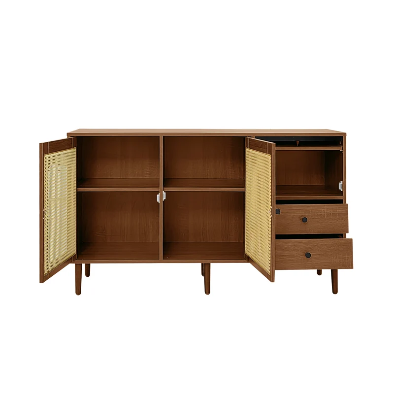Buffet vintage effet bois avec portes en rotin 2 portes 2 tiroirs 130x75,5x40cm CROLZOI