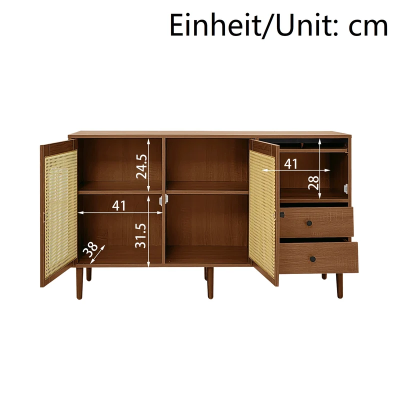 Buffet vintage effet bois avec portes en rotin 2 portes 2 tiroirs 130x75,5x40cm CROLZOI
