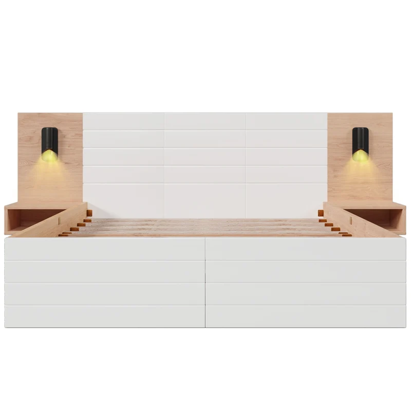 Lit double king effet bois avec 2 tiroirs lampe de lecture avec chargement USB chêne/blanc 180 x 200 cm (sans matelas) BIPHRAED