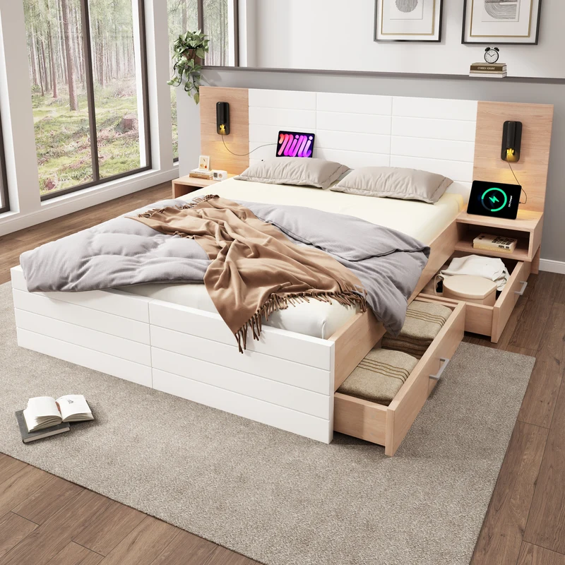 Lit double king effet bois avec 2 tiroirs lampe de lecture avec chargement USB chêne/blanc 180 x 200 cm (sans matelas) BIPHRAED