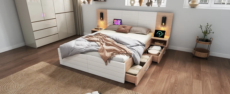 Lit double king effet bois avec 2 tiroirs lampe de lecture avec chargement USB chêne/blanc 180 x 200 cm (sans matelas) BIPHRAED