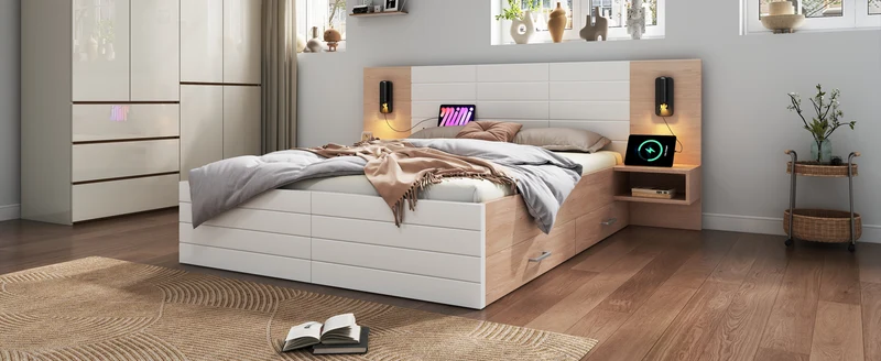 Lit double king effet bois avec 2 tiroirs lampe de lecture avec chargement USB chêne/blanc 180 x 200 cm (sans matelas) BIPHRAED