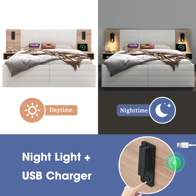 Lit double king effet bois avec 2 tiroirs lampe de lecture avec chargement USB chêne/blanc 180 x 200 cm (sans matelas) BIPHRAED