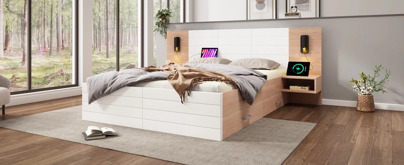 Lit double king effet bois avec 2 tiroirs lampe de lecture avec chargement USB chêne/blanc 180 x 200 cm (sans matelas) BIPHRAED