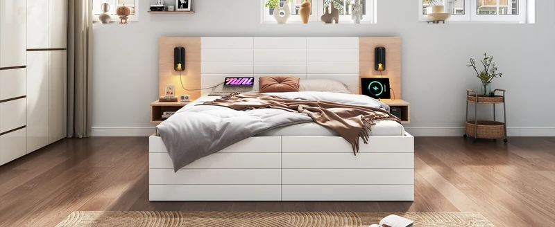 Lit double king effet bois avec 2 tiroirs lampe de lecture avec chargement USB chêne/blanc 180 x 200 cm (sans matelas) BIPHRAED