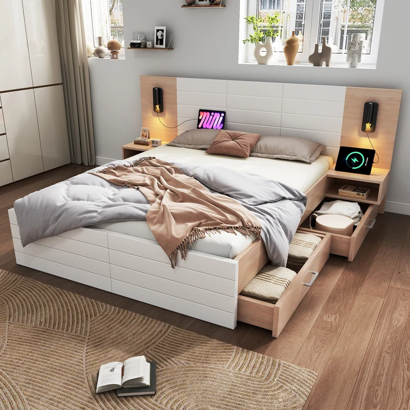 Lit double king effet bois avec 2 tiroirs lampe de lecture avec chargement USB chêne/blanc 180 x 200 cm (sans matelas) BIPHRAED