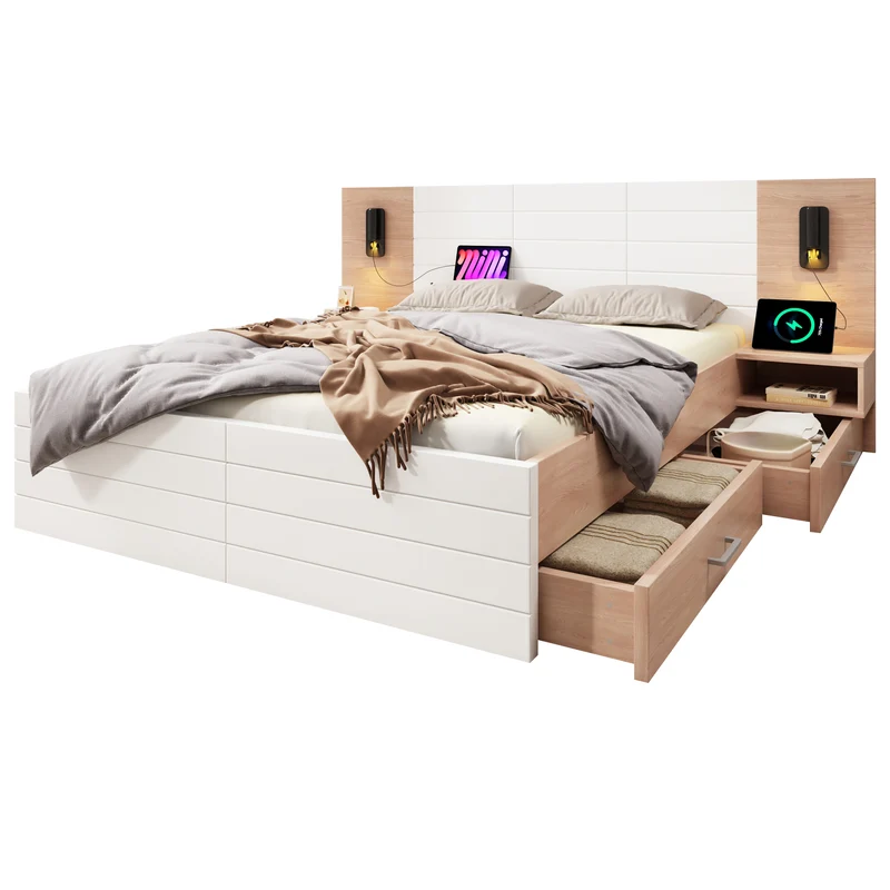 Lit double king effet bois avec 2 tiroirs lampe de lecture avec chargement USB chêne/blanc 180 x 200 cm (sans matelas) BIPHRAED
