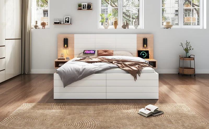 Lit double king effet bois avec 2 tiroirs lampe de lecture avec chargement USB chêne/blanc 180 x 200 cm (sans matelas) BIPHRAED