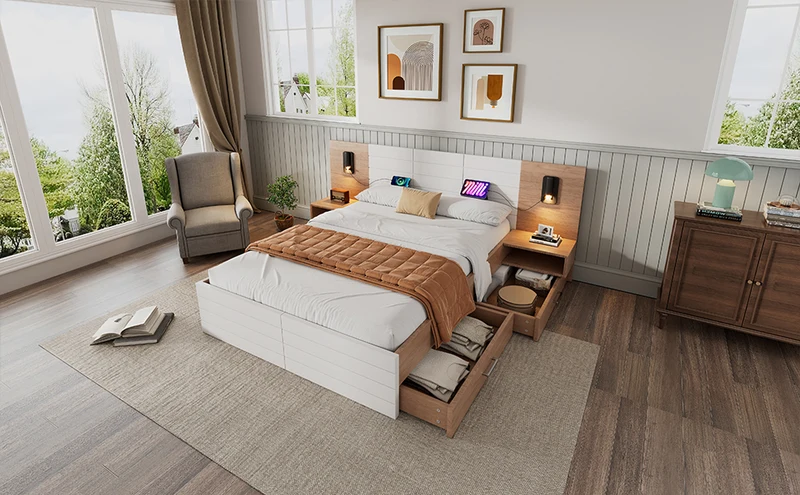 Lit double king effet bois avec 2 tiroirs lampe de lecture avec chargement USB chêne/blanc 180 x 200 cm (sans matelas) BIPHRAED