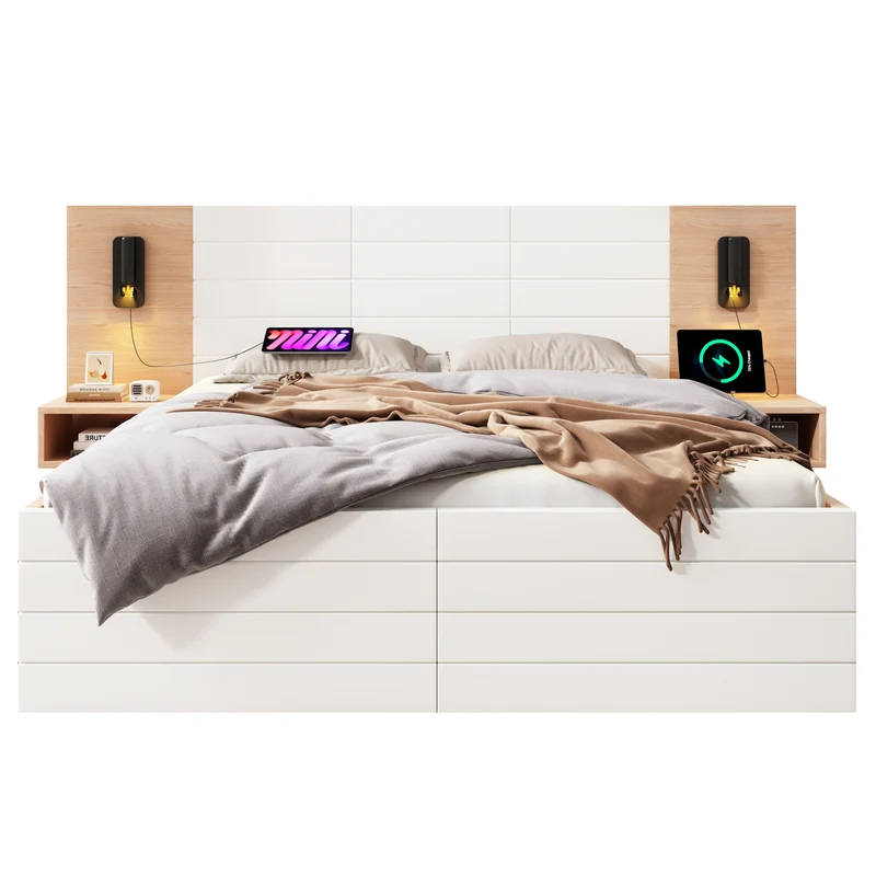 Lit double king effet bois avec 2 tiroirs lampe de lecture avec chargement USB chêne/blanc 180 x 200 cm (sans matelas) BIPHRAED