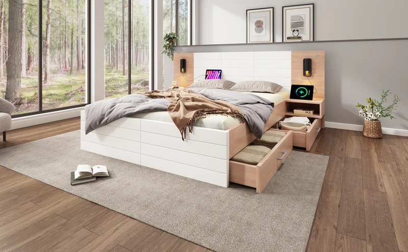Lit double king effet bois avec 2 tiroirs lampe de lecture avec chargement USB chêne/blanc 180 x 200 cm (sans matelas) BIPHRAED