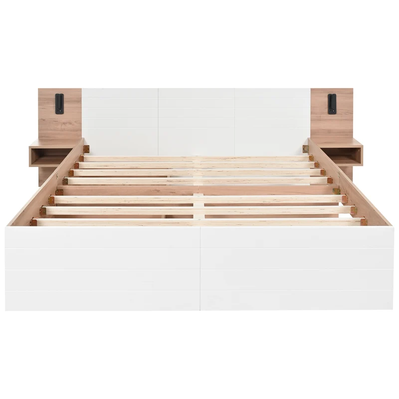 Lit double king effet bois avec 2 tiroirs lampe de lecture avec chargement USB chêne/blanc 180 x 200 cm (sans matelas) BIPHRAED