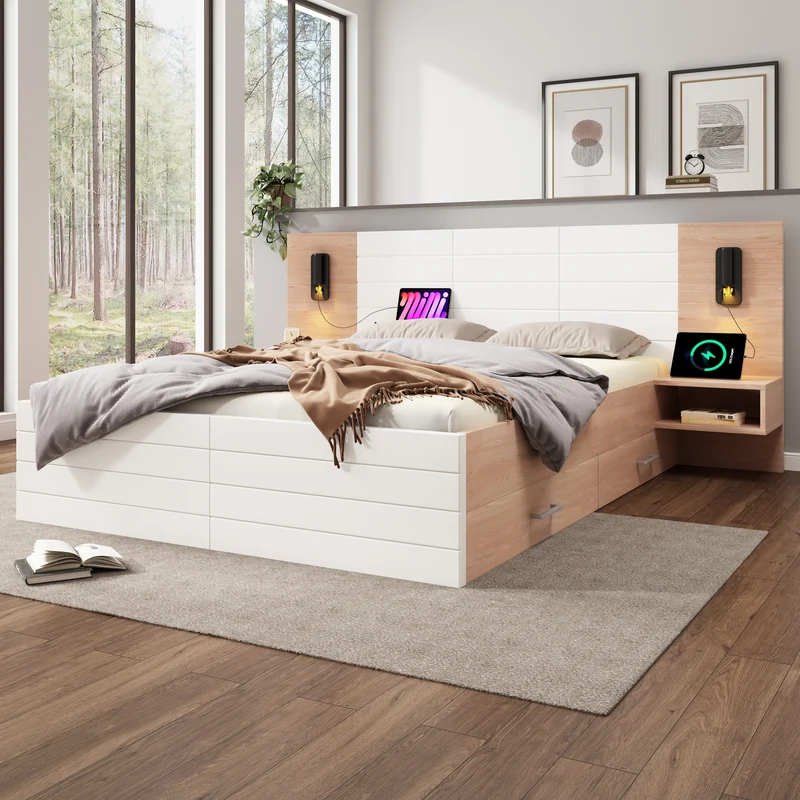 Lit double king effet bois avec 2 tiroirs lampe de lecture avec chargement USB chêne/blanc 180 x 200 cm (sans matelas) BIPHRAED
