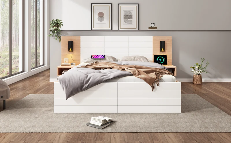 Lit double king effet bois avec 2 tiroirs lampe de lecture avec chargement USB chêne/blanc 180 x 200 cm (sans matelas) BIPHRAED