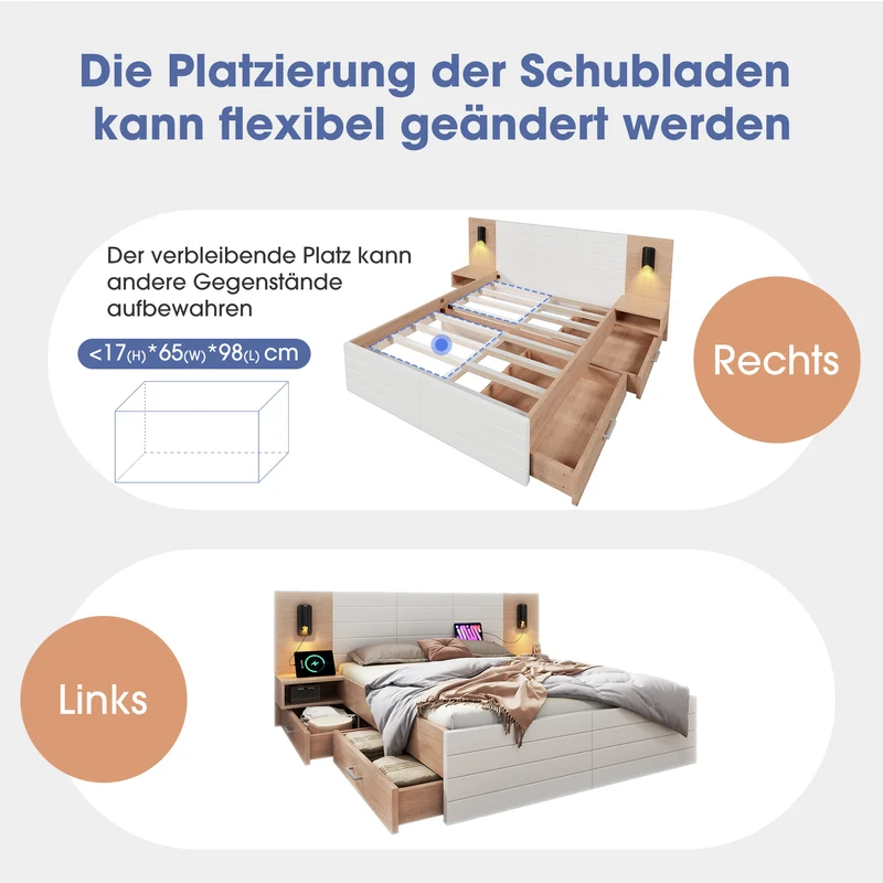 Lit double king effet bois avec 2 tiroirs lampe de lecture avec chargement USB chêne/blanc 180 x 200 cm (sans matelas) BIPHRAED