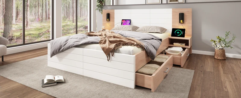 Lit double king effet bois avec 2 tiroirs lampe de lecture avec chargement USB chêne/blanc 180 x 200 cm (sans matelas) BIPHRAED