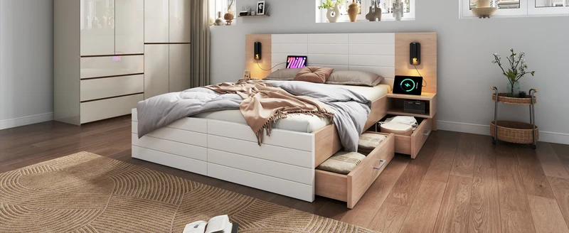 Lit double king effet bois avec 2 tiroirs lampe de lecture avec chargement USB chêne/blanc 180 x 200 cm (sans matelas) BIPHRAED