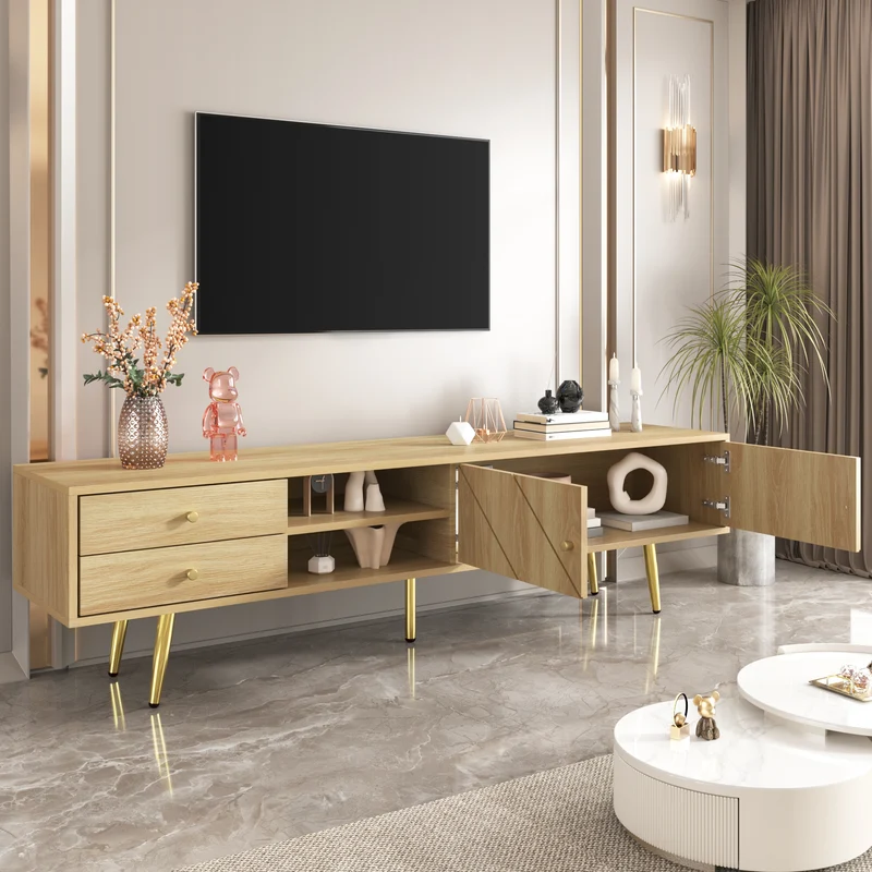 Meuble TV effet bois naturel portes rainurés, et accents dorés HUMUX