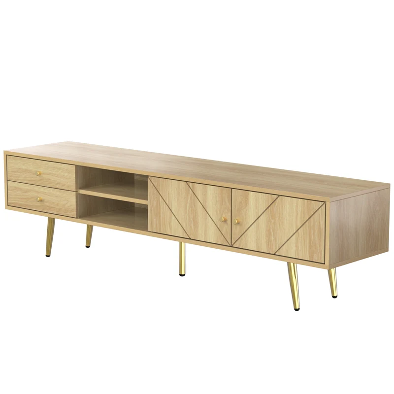 Meuble TV effet bois naturel portes rainurés, et accents dorés HUMUX