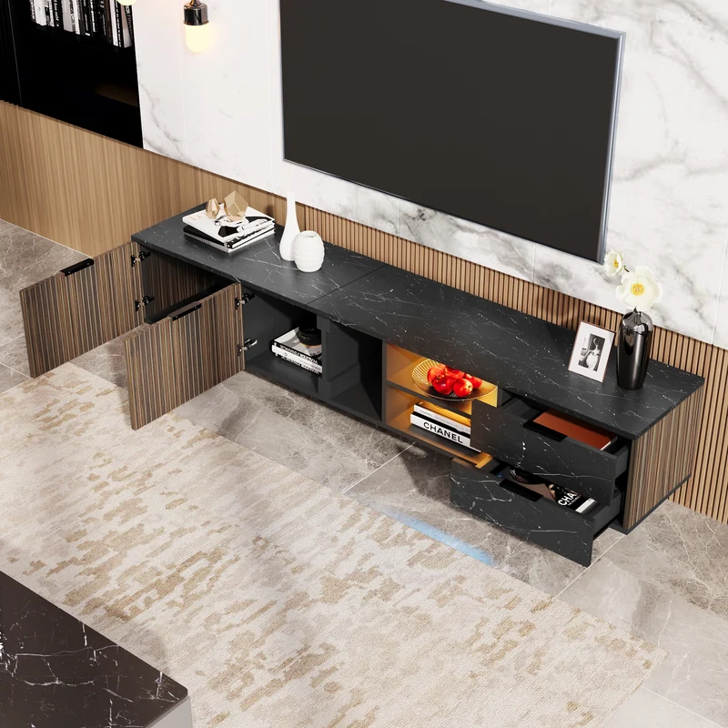 Meuble TV noir effet marbre noir éclairage LED 2 portes et 2 tiroirs VRENKAEN