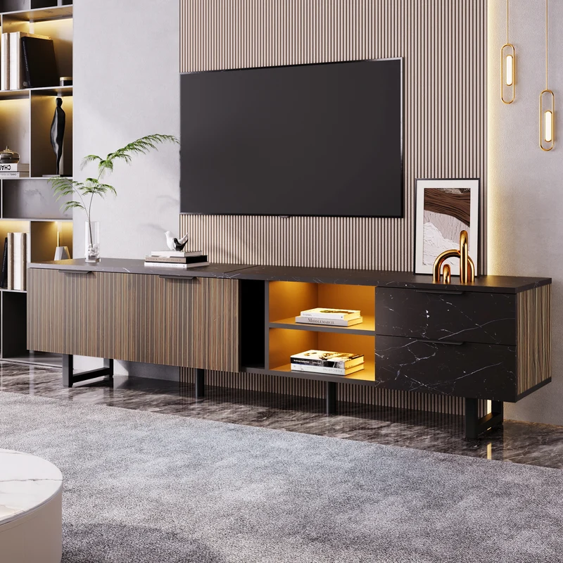 Meuble TV noir effet marbre noir éclairage LED 2 portes et 2 tiroirs VRENKAEN