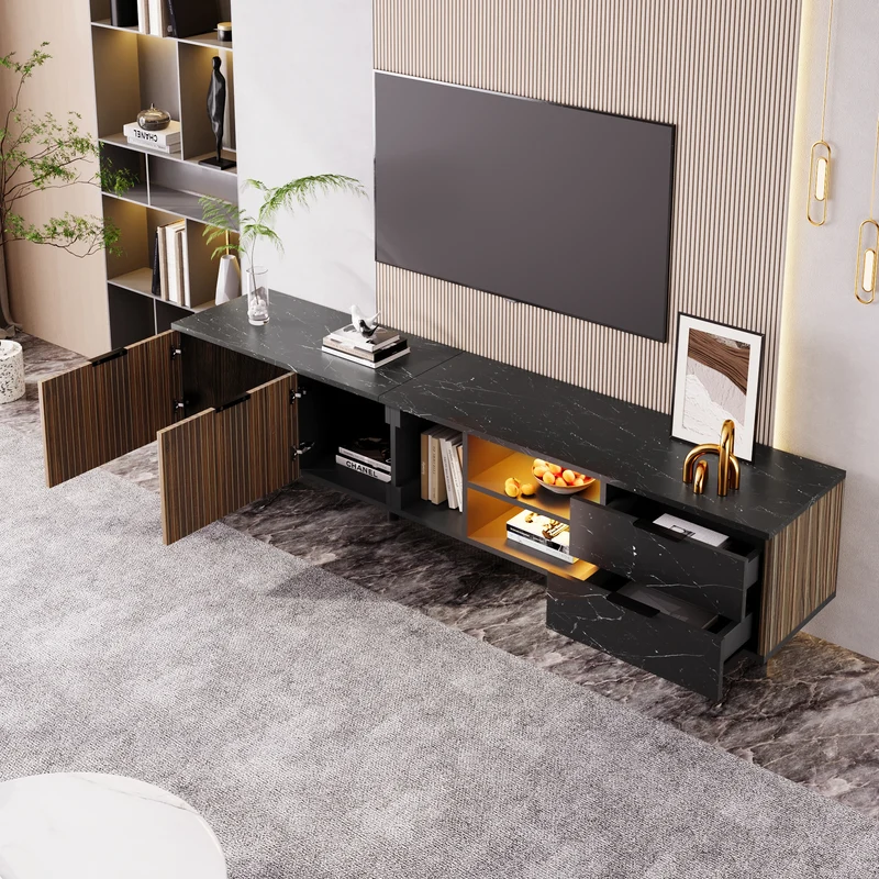 Meuble TV noir effet marbre noir éclairage LED 2 portes et 2 tiroirs VRENKAEN