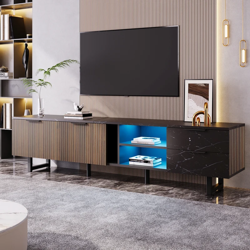Meuble TV noir effet marbre noir éclairage LED 2 portes et 2 tiroirs VRENKAEN