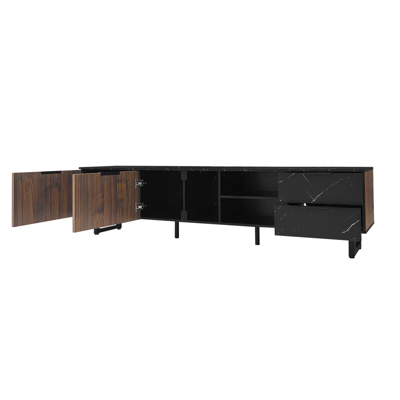 Meuble TV noir effet marbre noir éclairage LED 2 portes et 2 tiroirs VRENKAEN