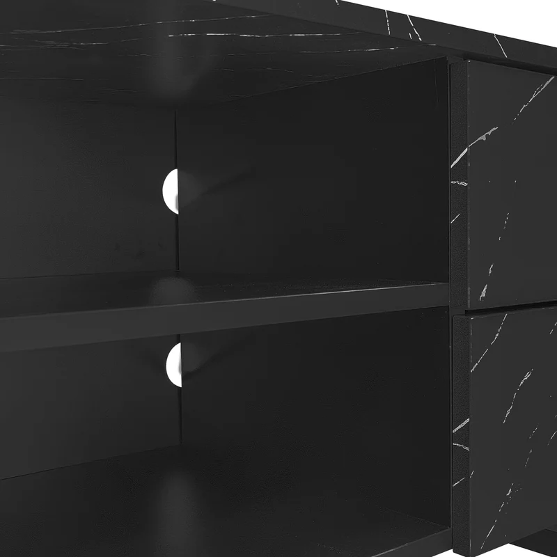 Meuble TV noir effet marbre noir éclairage LED 2 portes et 2 tiroirs VRENKAEN