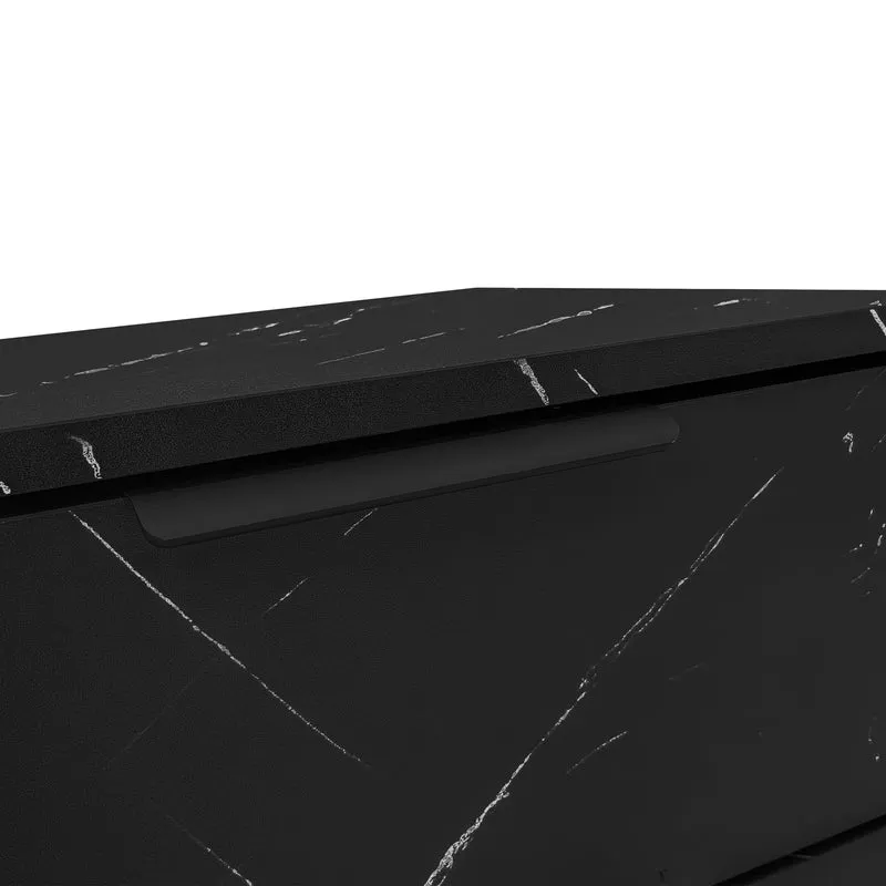 Meuble TV noir effet marbre noir éclairage LED 2 portes et 2 tiroirs VRENKAEN