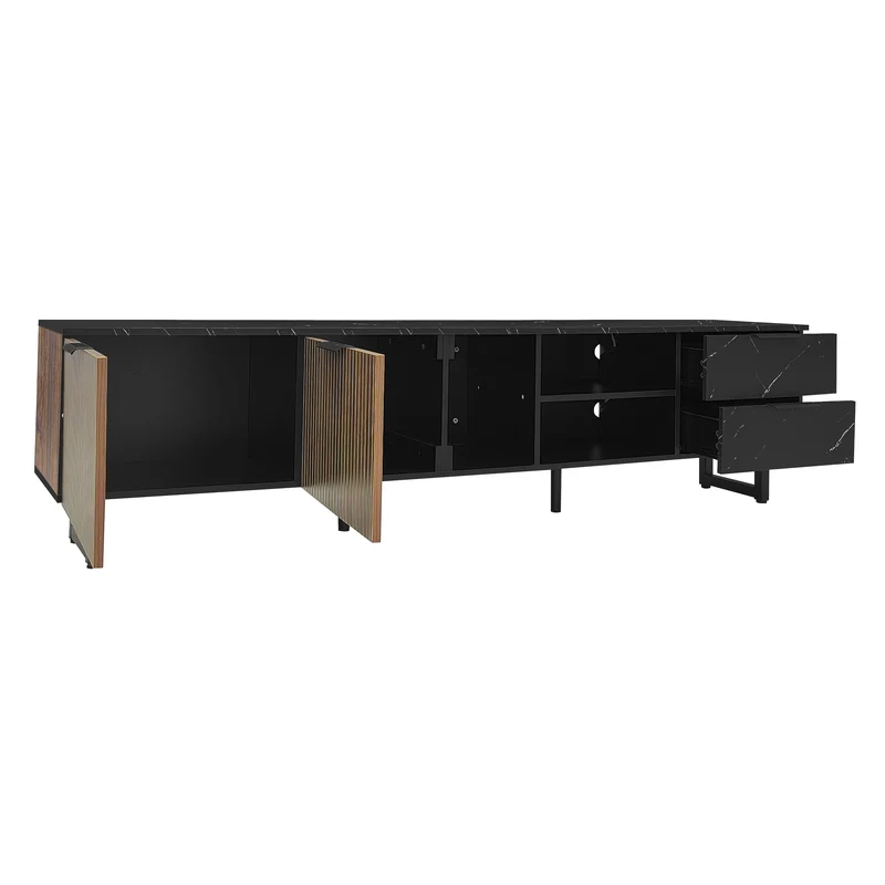 Meuble TV noir effet marbre noir éclairage LED 2 portes et 2 tiroirs VRENKAEN