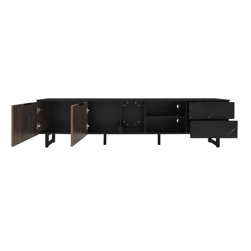 Meuble TV noir effet marbre noir éclairage LED 2 portes et 2 tiroirs VRENKAEN