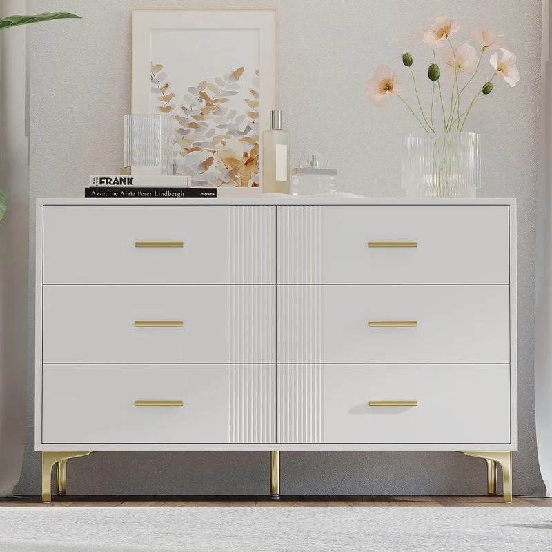 Commode blanche élégante à 6 tiroirs motif ondulé accents dorées BRAXUINS
