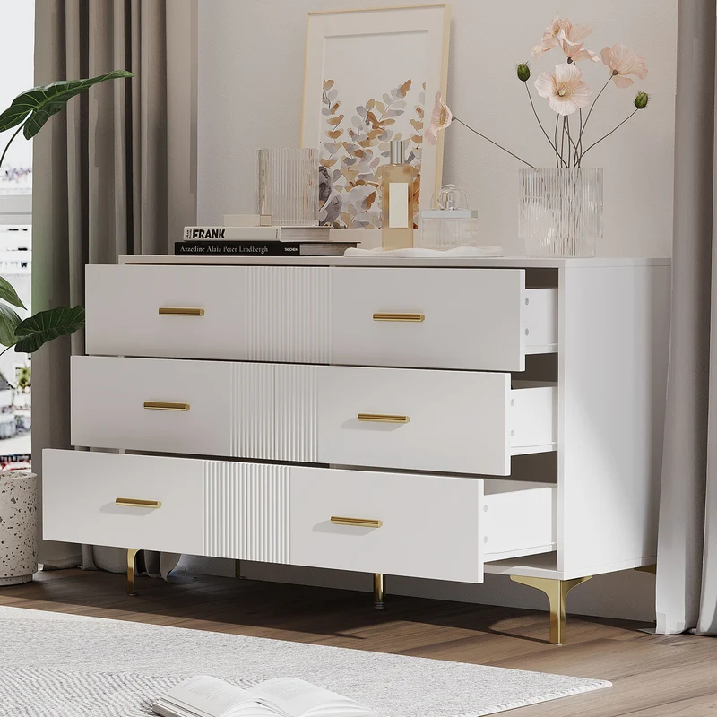 Commode blanche élégante à 6 tiroirs motif ondulé accents dorées BRAXUINS