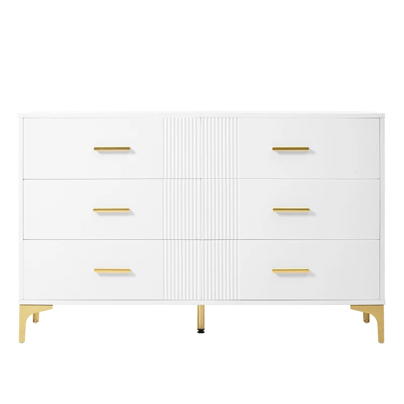 Commode blanche élégante à 6 tiroirs motif ondulé accents dorées BRAXUINS