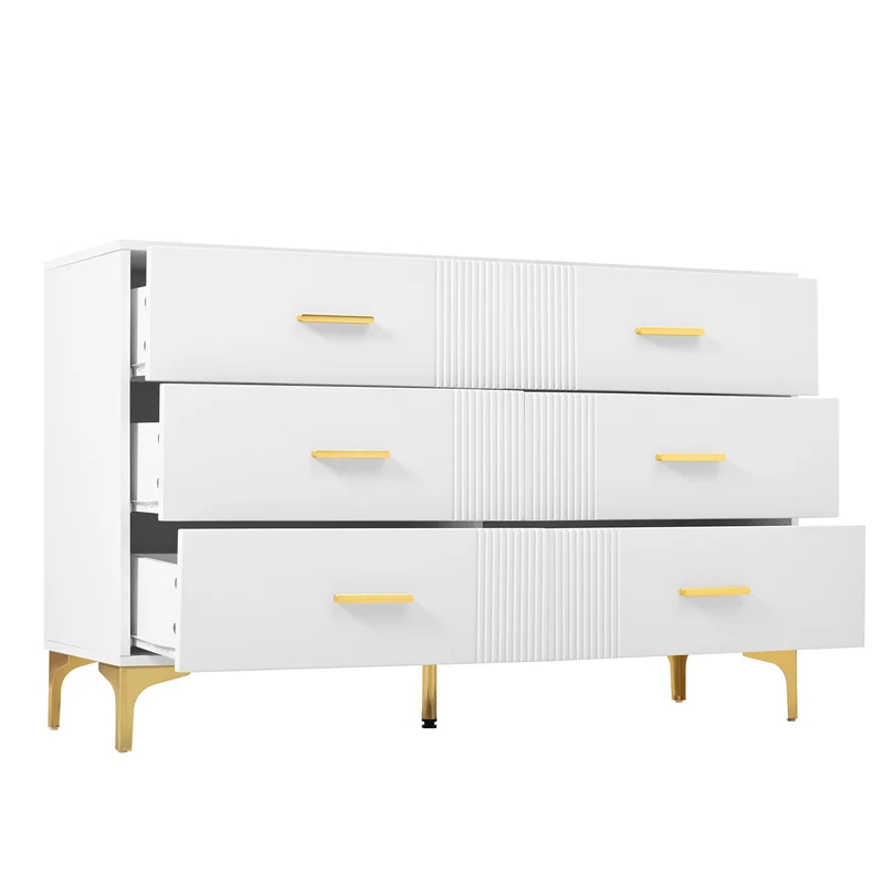 Commode blanche élégante à 6 tiroirs motif ondulé accents dorées BRAXUINS