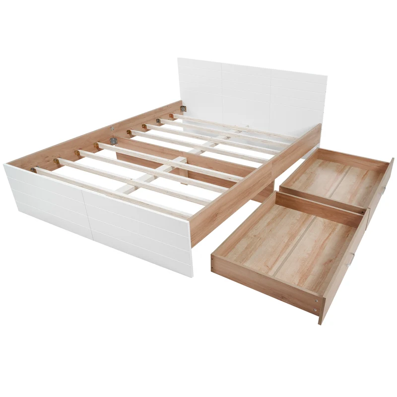Cadre de lit queen blanc scandinave avec 2 tiroirs de rangement sous le lit 160*200cm (matelas non inclus) MRNA